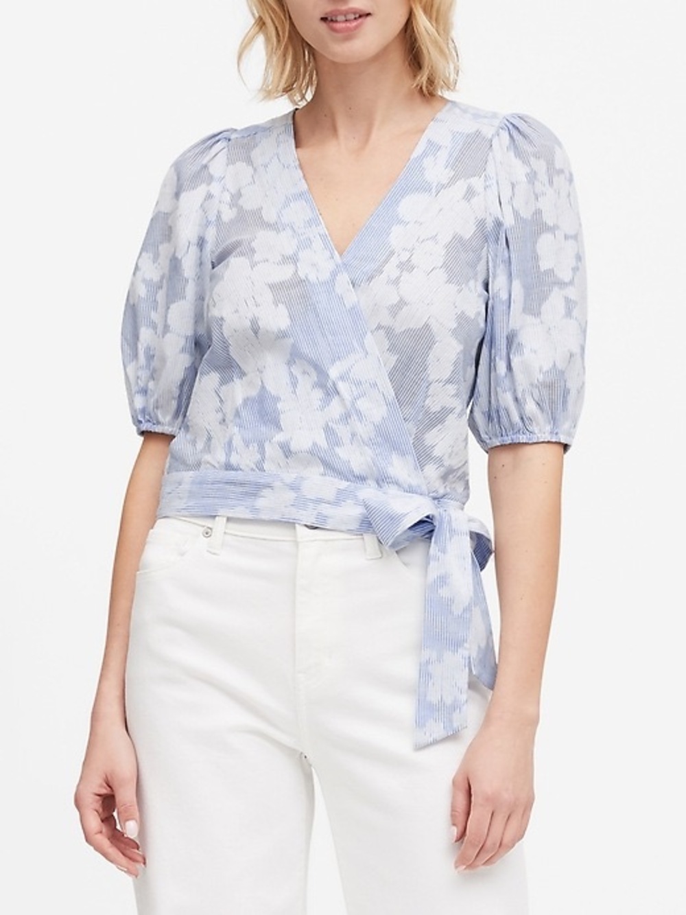 Banana Republic Light Blue Floral Wrap Top with Puff Sleeves M - Picture 1 of 4